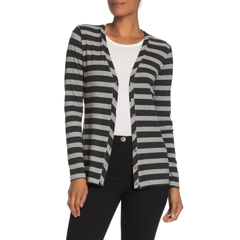 MAGASCHONI Cardigan Womens Size L Gray Ribbed Striped Lightweight Casual Sweater